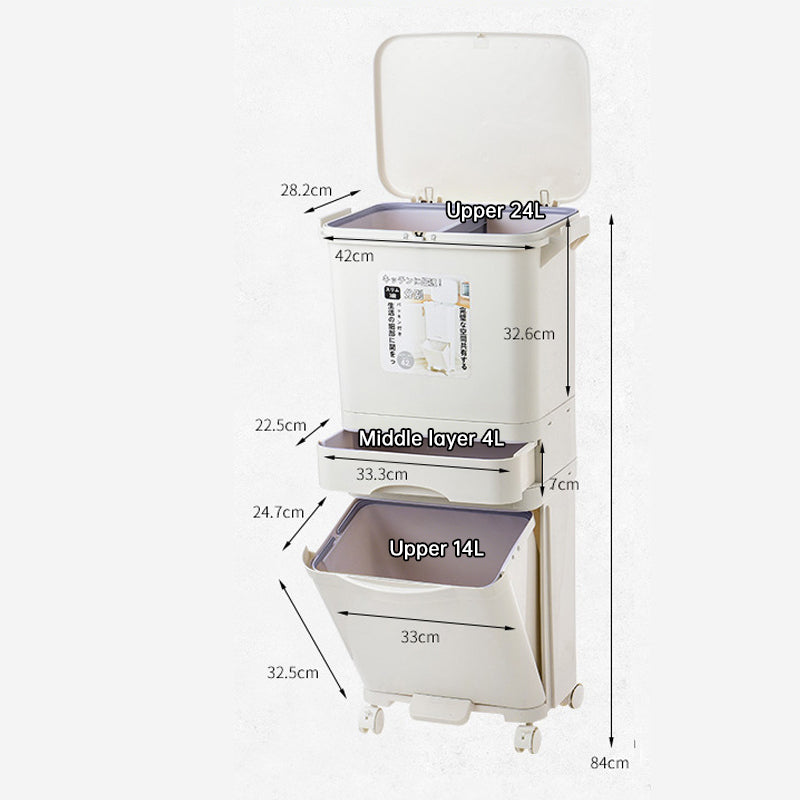 42L Kitchen Trash Can 3 Compartments with Pedal & Wheels, Recycling Bin