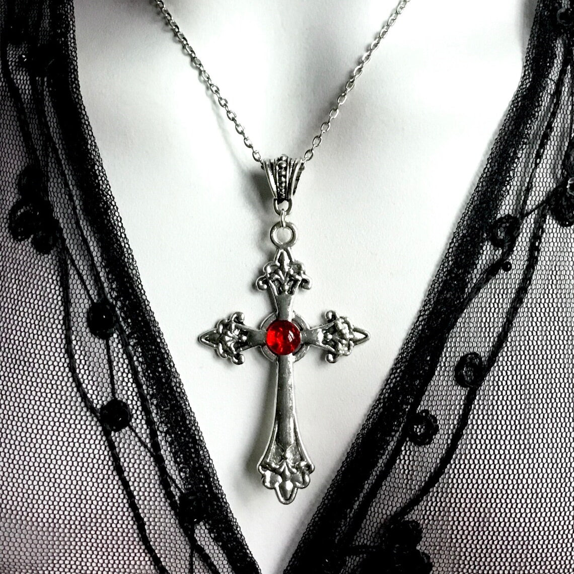 Large Silver Baroque Christian Cross Necklace with Crystals