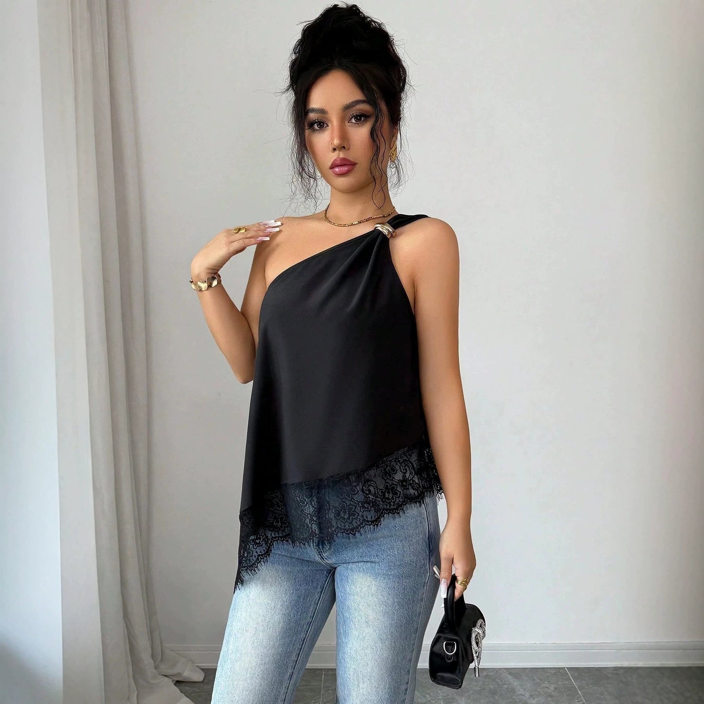 Slanted shoulder metal buckle lace patchwork irregular loose vest for women