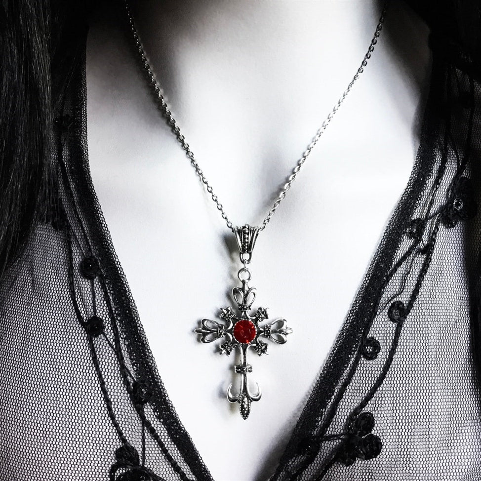 Large Silver Baroque Christian Cross Necklace with Crystals