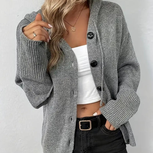 Solid color hooded single breasted sweater for women