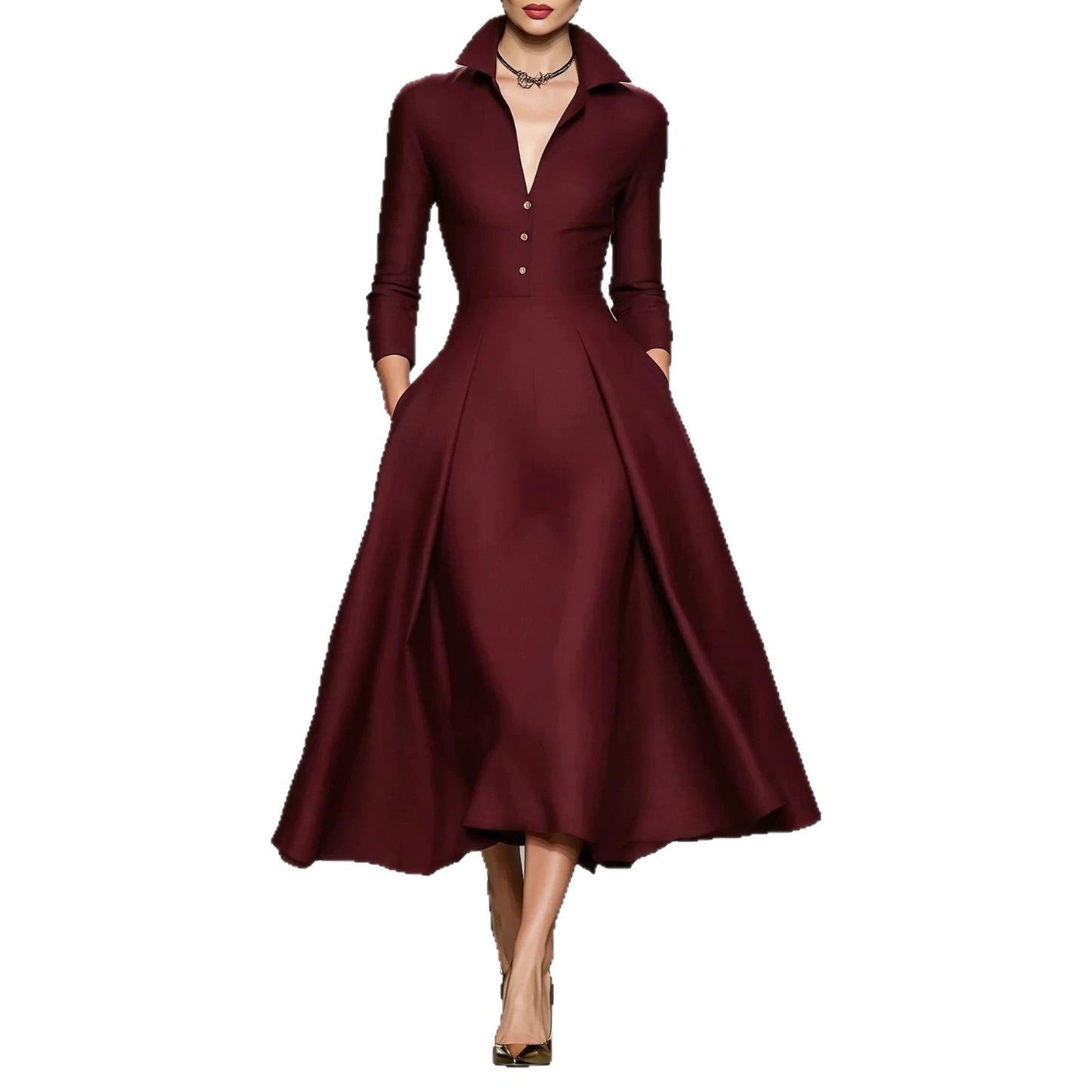 V-neck waist cinched long sleeved dress
