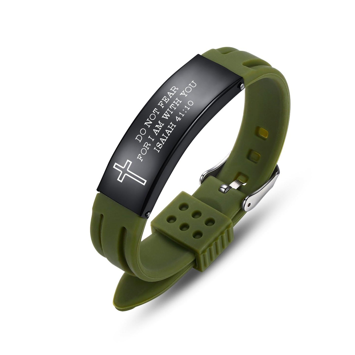 AOAMID Stainless Steel Sport Bible Verse Bracelet Silicone Mantra Quotes Christian Gifts – Christian Bracelet for Men and Women (GreenDo Not Fear)