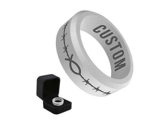 Wildfire Ring Personalized Christian Fish Barbwire Beveled Silicone Ring with Ring Box Gift for Christians Religious Gift