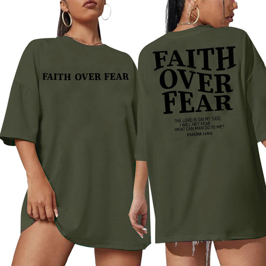 GERLEN Faith Over Fear Shirt Women Oversized Christian Religious Sayings Tshirts Drop Shoulder Tee Tops Green