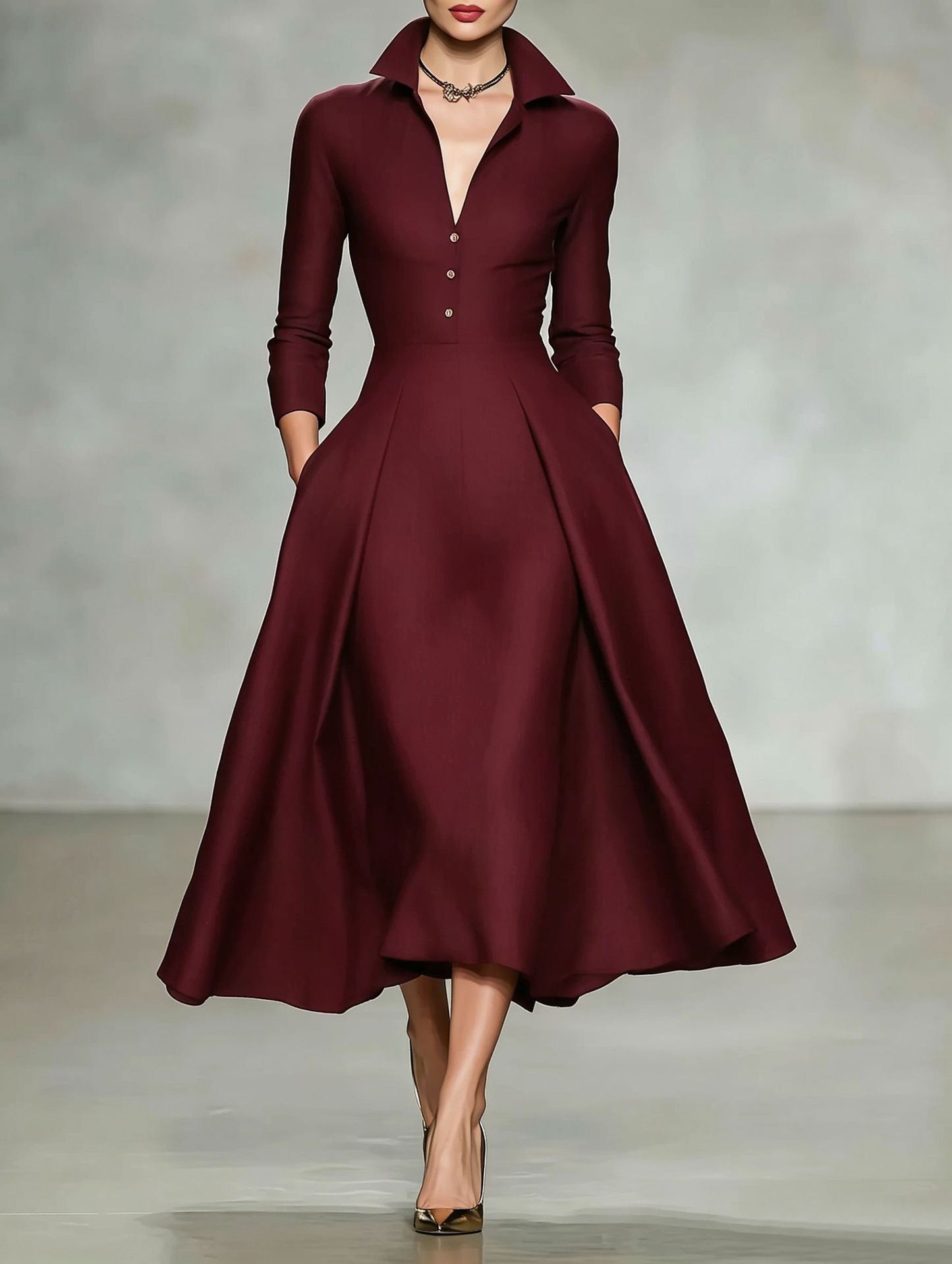 V-neck waist cinched long sleeved dress