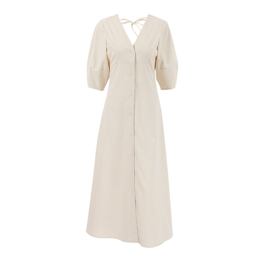 V-neck bubble sleeve loose mid length dress