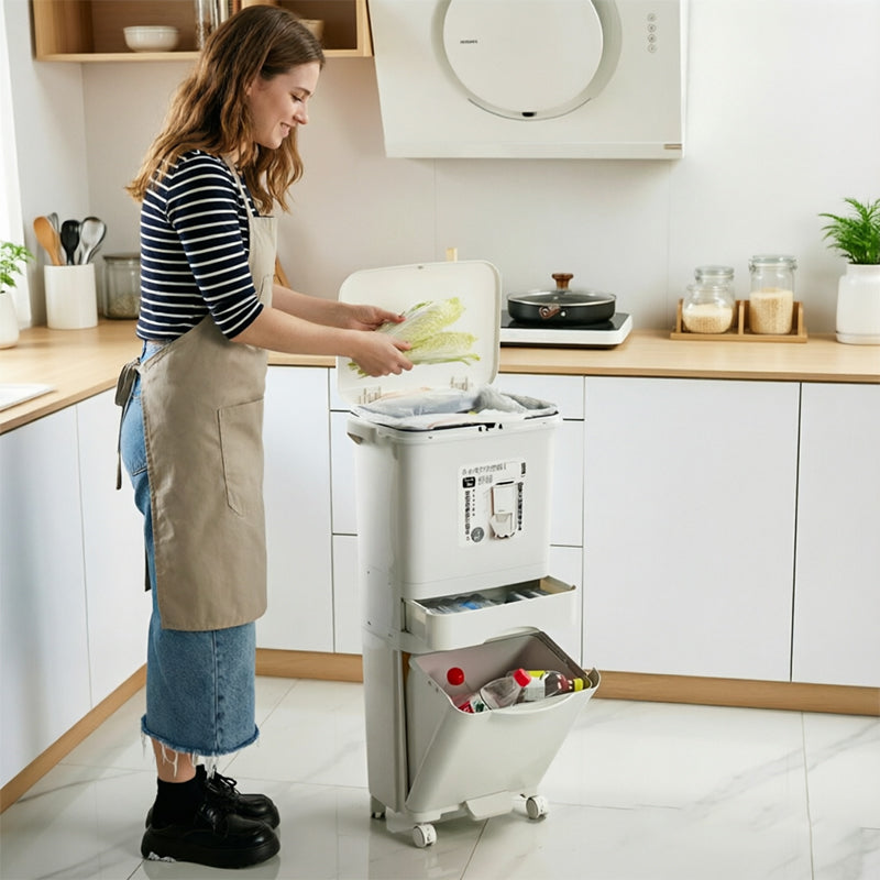 42L Kitchen Trash Can 3 Compartments with Pedal & Wheels, Recycling Bin