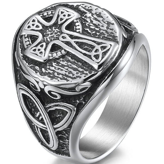 Jude Jewelers Retro Vintage Stainless Steel Christian Cross Celtic Knot Biker Vikings Cocktail Party Ring (Silver 14)