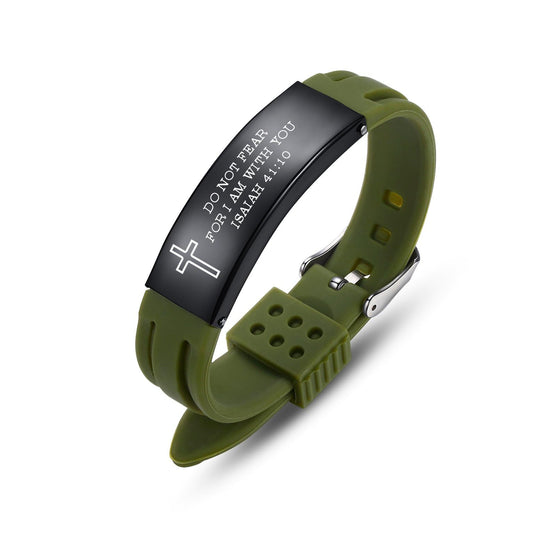 AOAMID Stainless Steel Sport Bible Verse Bracelet Silicone Mantra Quotes Christian Gifts – Christian Bracelet for Men and Women (GreenDo Not Fear)