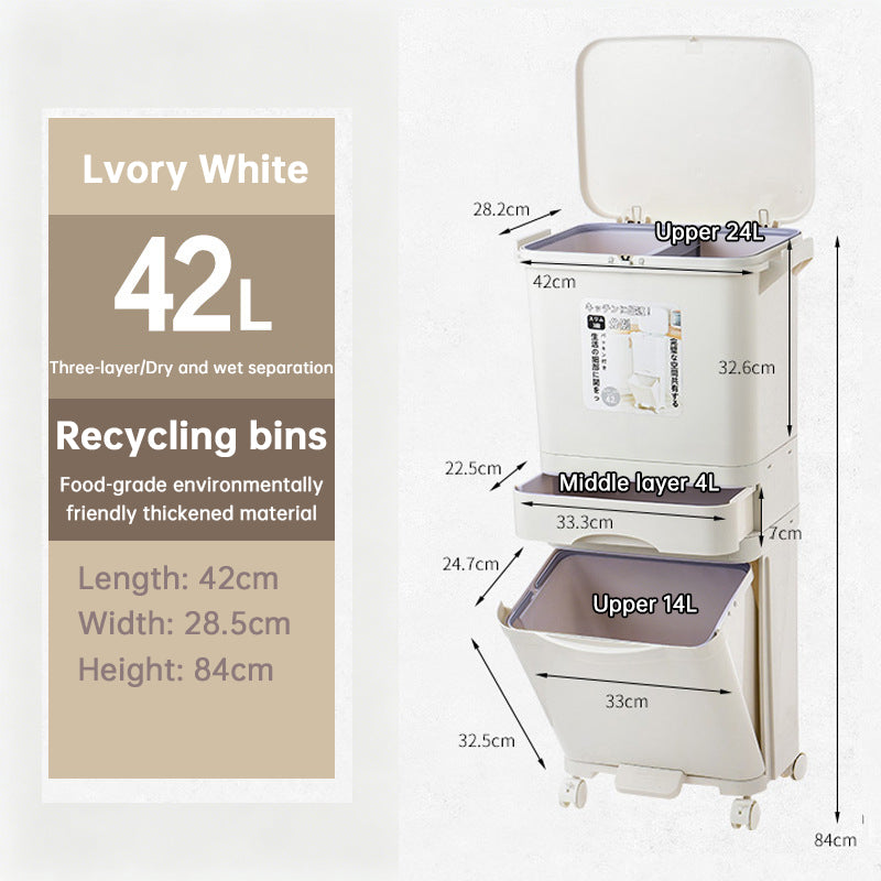 42L Kitchen Trash Can 3 Compartments with Pedal & Wheels, Recycling Bin