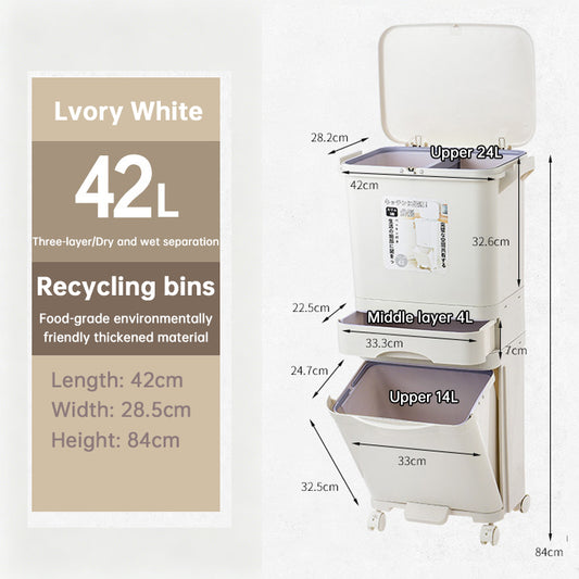 42L Kitchen Trash Can 3 Compartments with Pedal & Wheels, Recycling Bin