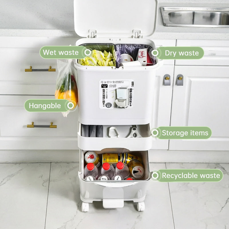 42L Kitchen Trash Can 3 Compartments with Pedal & Wheels, Recycling Bin