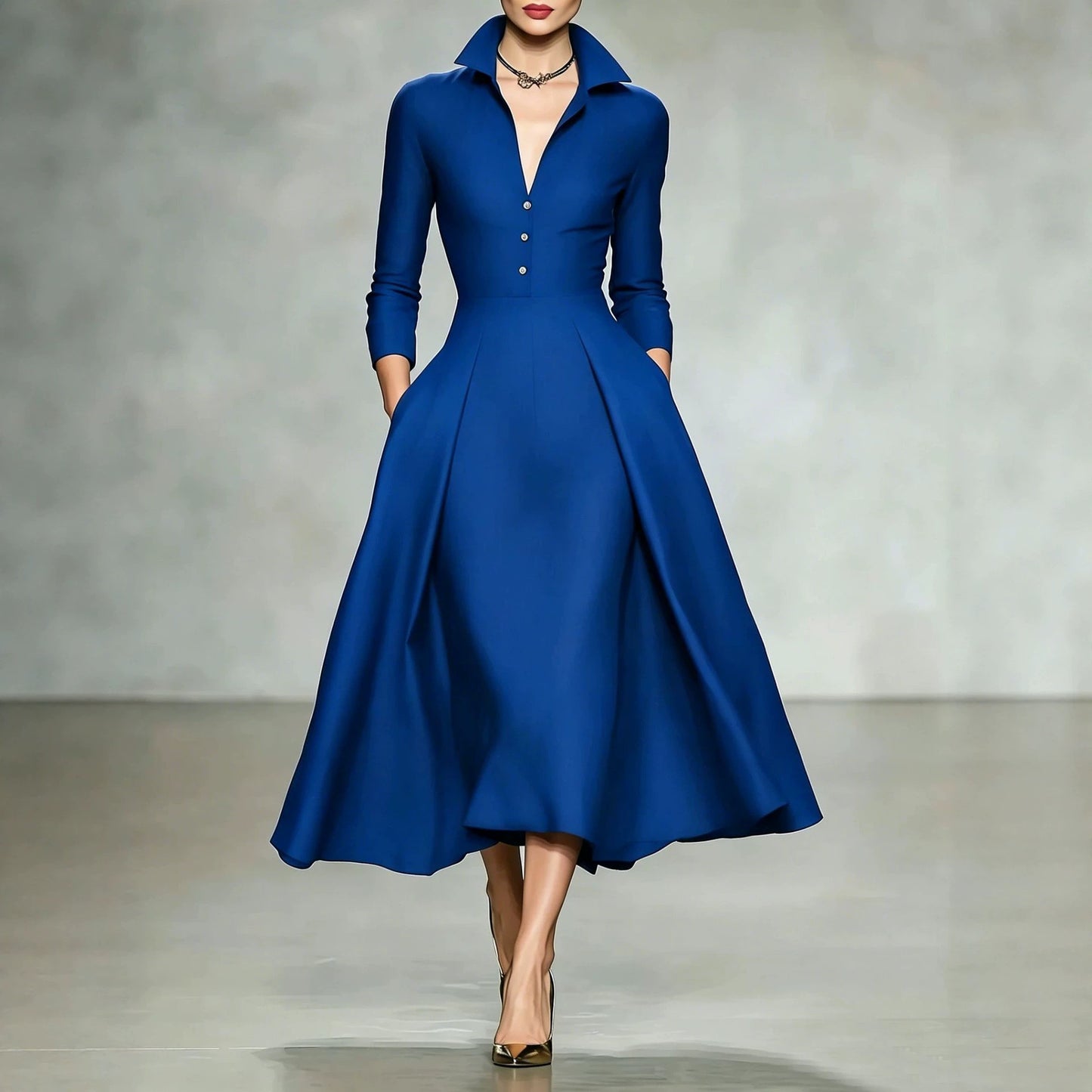 V-neck waist cinched long sleeved dress