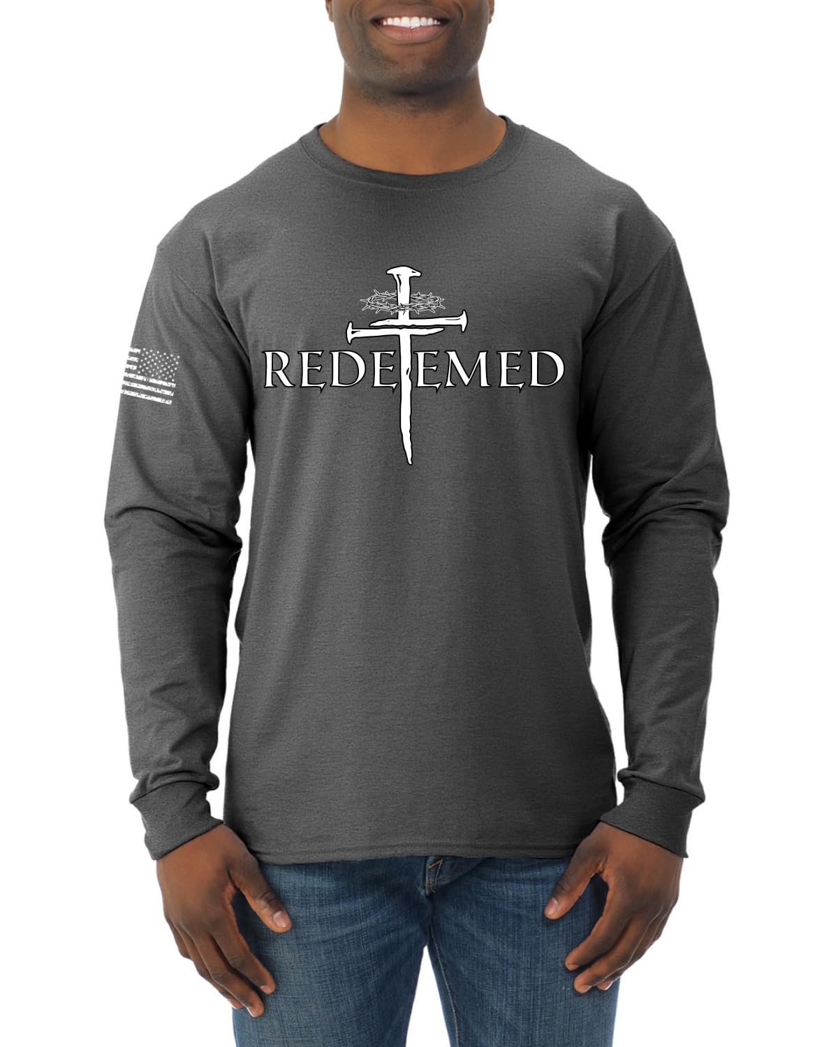 Redeemed Cross Jesus Christ Nails Inspirational Christian Mens Long Sleeve Shirt Heather Black X-Large