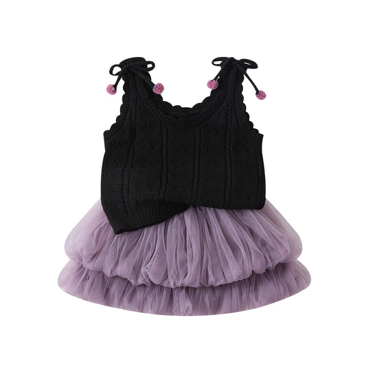 Bow Knit Vest and Mesh Skirt Two-Piece Set for Baby Girls Casual Cool Style