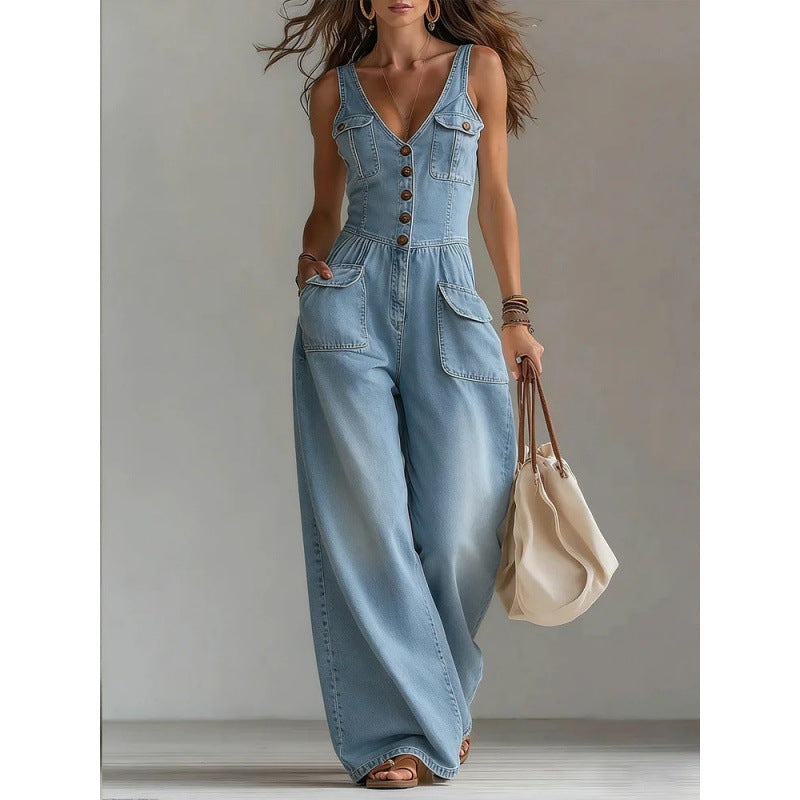 Washed Denim Straight Loose Sleeveless Strap Jumpsuit