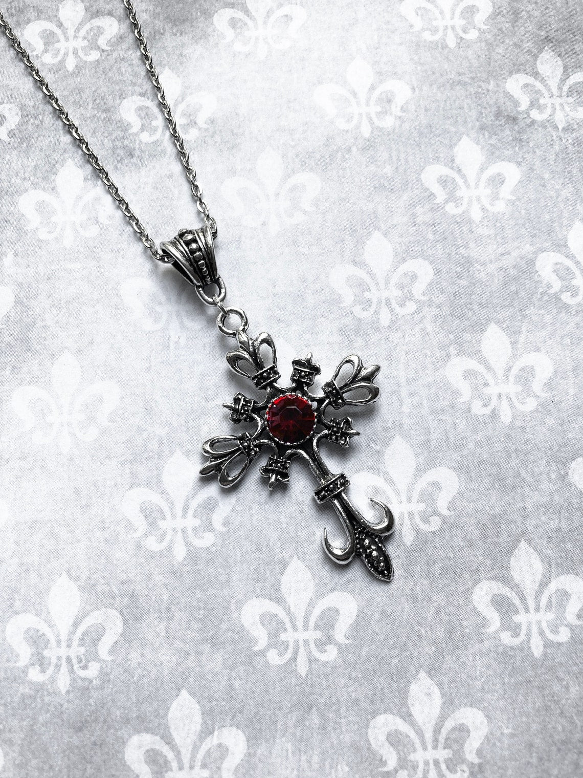 Large Silver Baroque Christian Cross Necklace with Crystals