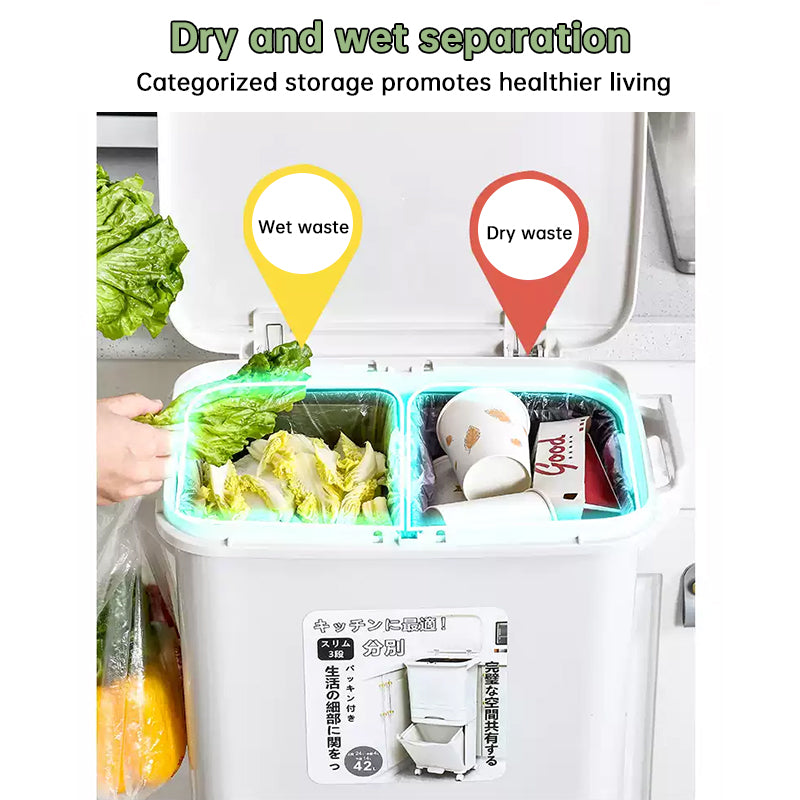 42L Kitchen Trash Can 3 Compartments with Pedal & Wheels, Recycling Bin