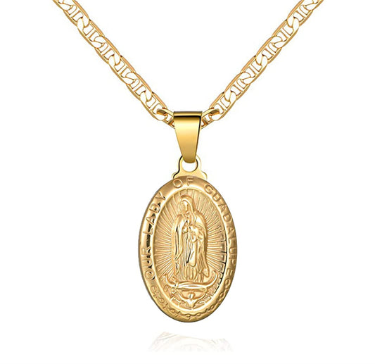 DouuYuhet 18K Gold Plated Flat 3MM Virgin Mary Guadalupe Charm Chain Pendant Necklace Christian Jewelry (A)
