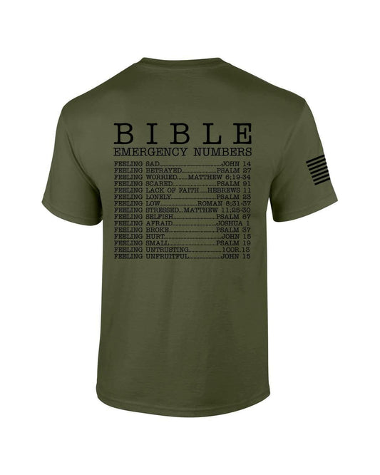 Mens Christian Bible Emergency Numbers Scripture Short Sleeve T-Shirt Graphic Tee-Military-Large