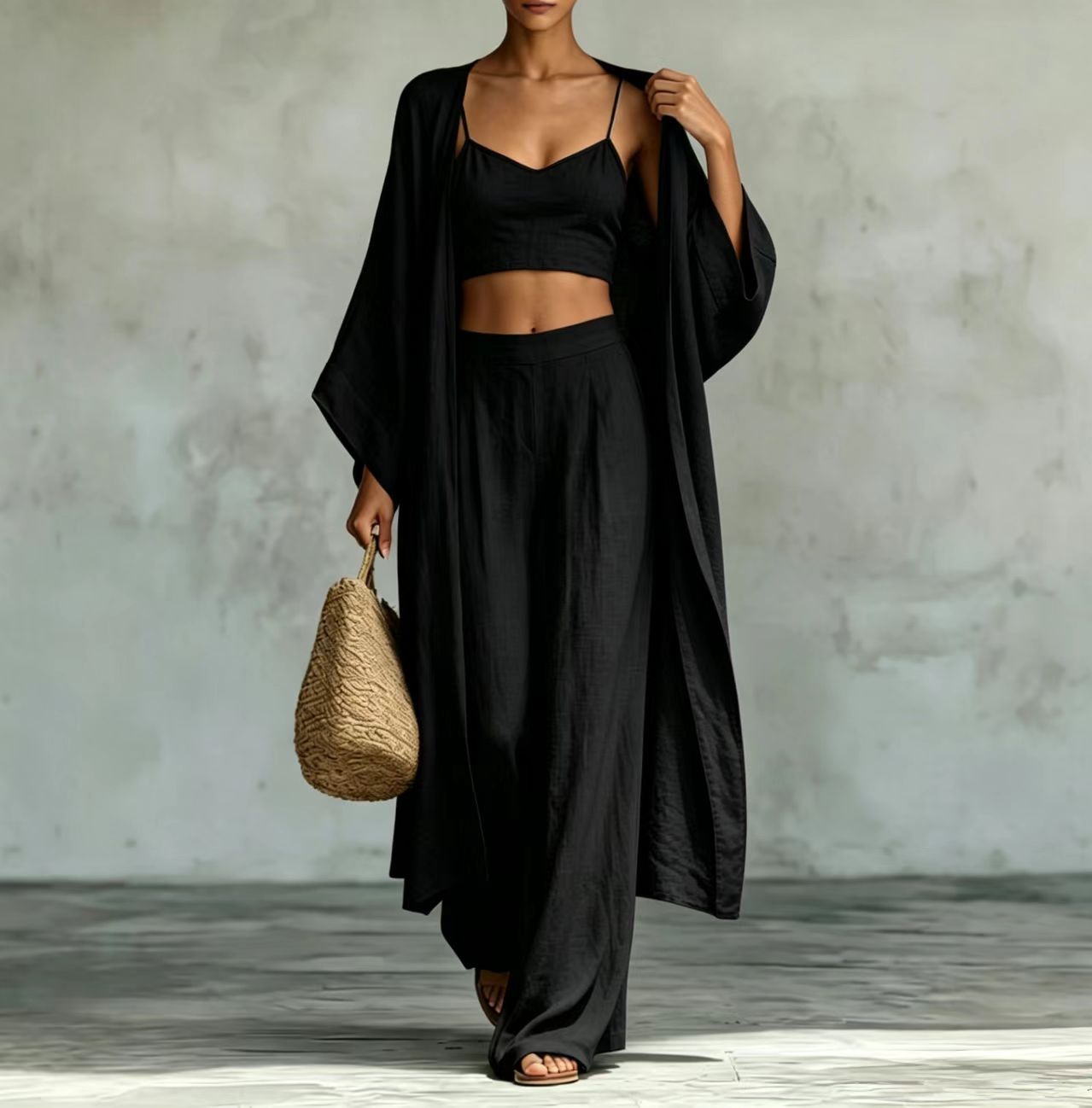 Loose cardigan short strap high waist wide leg pants set