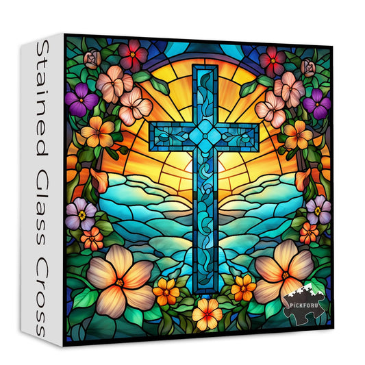 Cross Stained Glass Puzzles for Adults 1000 Pieces and up PICKFORU Christian Puzzles with Colorful Flower Religious Puzzle as Home Decor