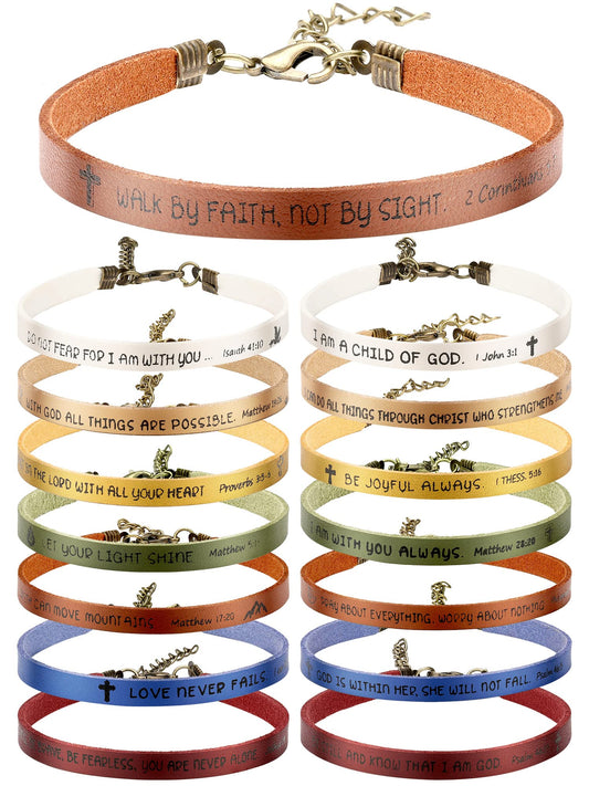 15 Pcs Christian Bracelets for Women Men Inspirational Leather Bible Verse Bracelets God Faith Scripture Friendship Bracelets (Assorted Color)