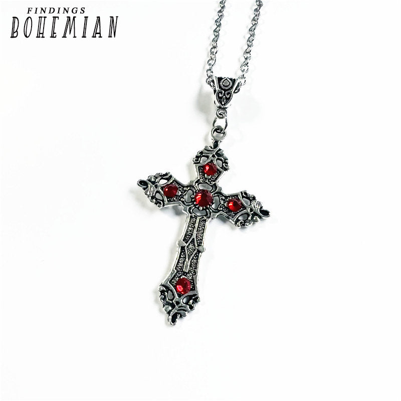 Large Silver Baroque Christian Cross Necklace with Crystals