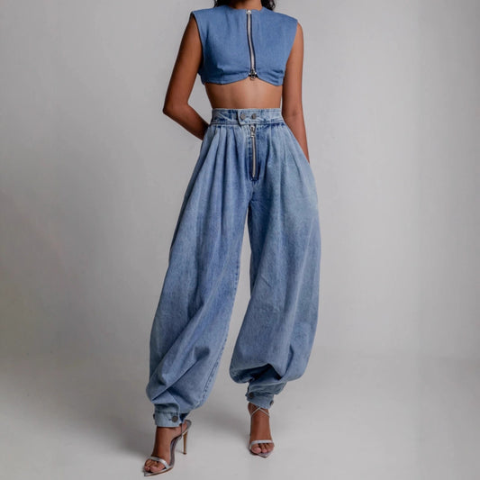 High waisted zipper leg tied jeans for women