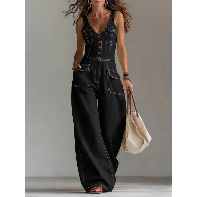 Washed Denim Straight Loose Sleeveless Strap Jumpsuit