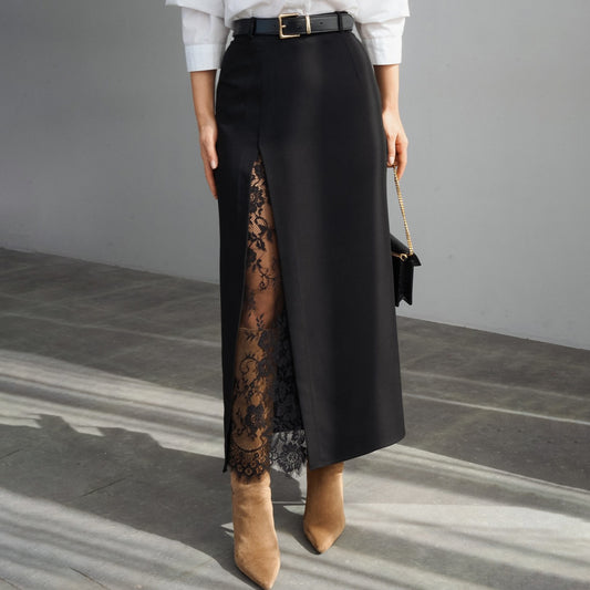 Side slit lace patchwork skirt