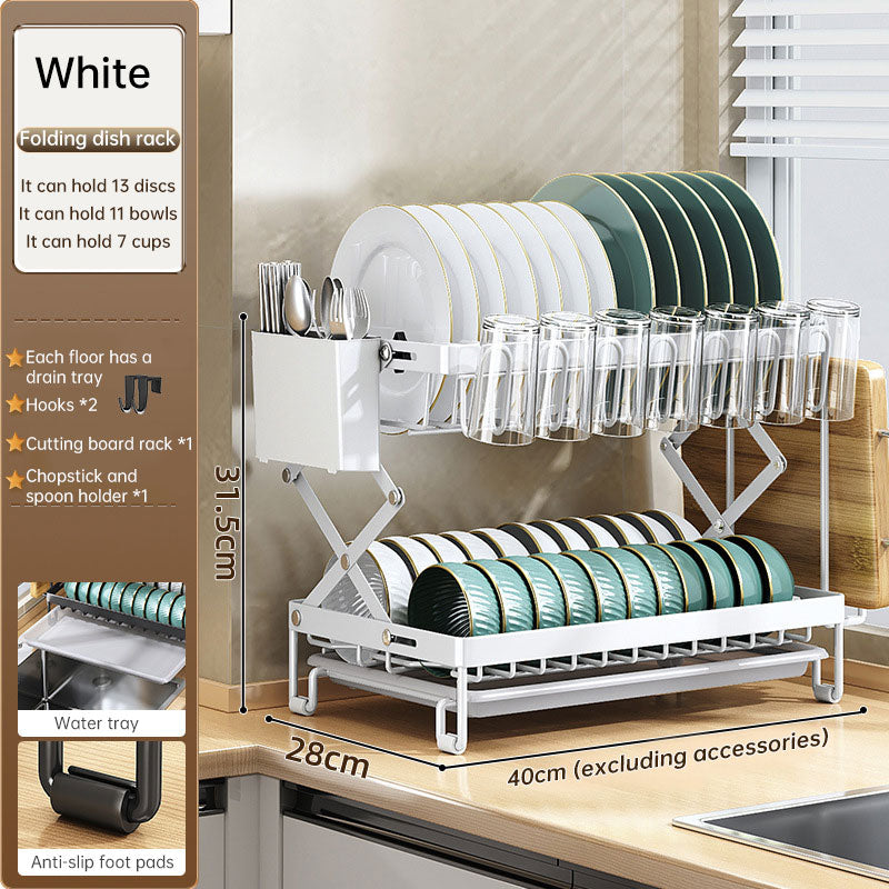 Foldable 2-Layer Kitchen Dish Rack, Large Capacity Countertop Drying Shelf for Bowls & Cutlery