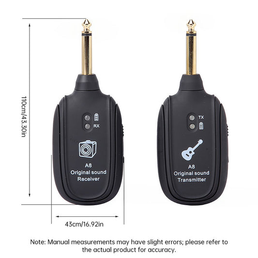 A8 UHF Wireless Guitar System, Rechargeable Transmitter & Receiver, 20Hz-20kHz Full Frequency, USB Charging for Guitar, Violin,