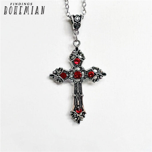 Large Silver Baroque Christian Cross Necklace with Crystals