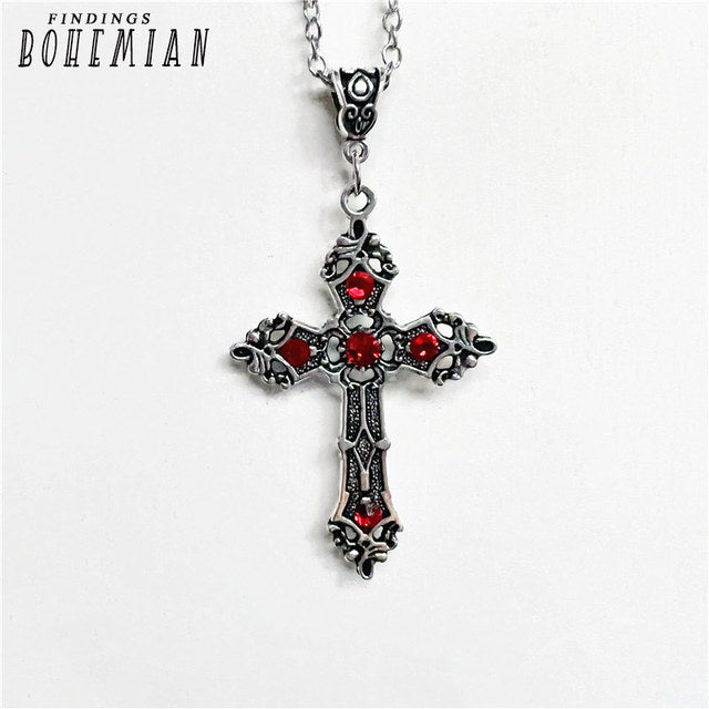 Large Silver Baroque Christian Cross Necklace with Crystals