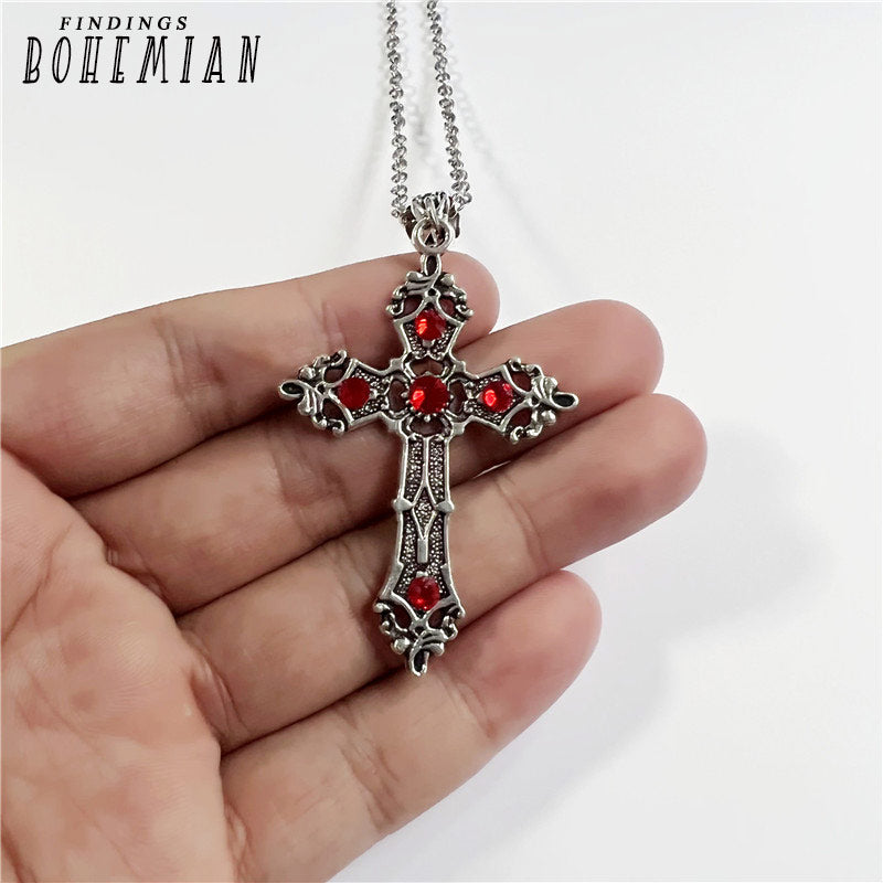 Large Silver Baroque Christian Cross Necklace with Crystals
