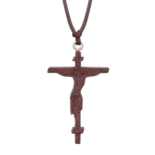 COTTVOTT Wood Orthodox Cross Pendant Necklace Christian Crucifix Necklace Prayer Jesus for Women Men (G-Red Color)