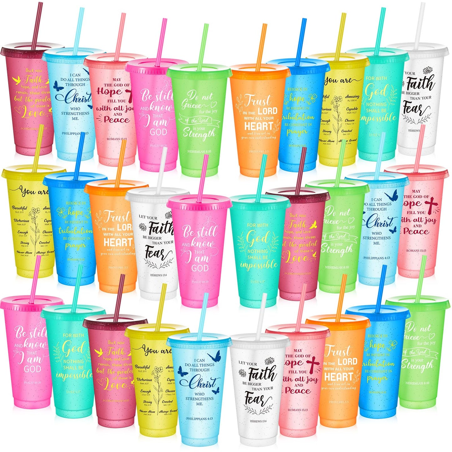 Uiifan 30 Pcs Christian Tumbler Bible Verse Plastic Tumblers with Lids and Straw 24oz Inspirational Religious Tumblers Gifts Christian Gifts for Women Birthday Christmas (Bright Color)