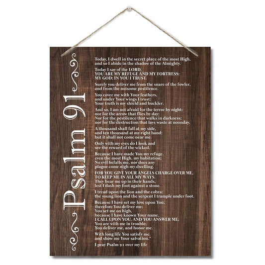 Inspirational Wood Art Signs Psalms 91 Wall Sign Hanging Printed Wall Plaque Wood Signs Bible Verse Print Christian Scripture for The Home or Office Decor Christian Wall Decor 10 X 7.8 inch E