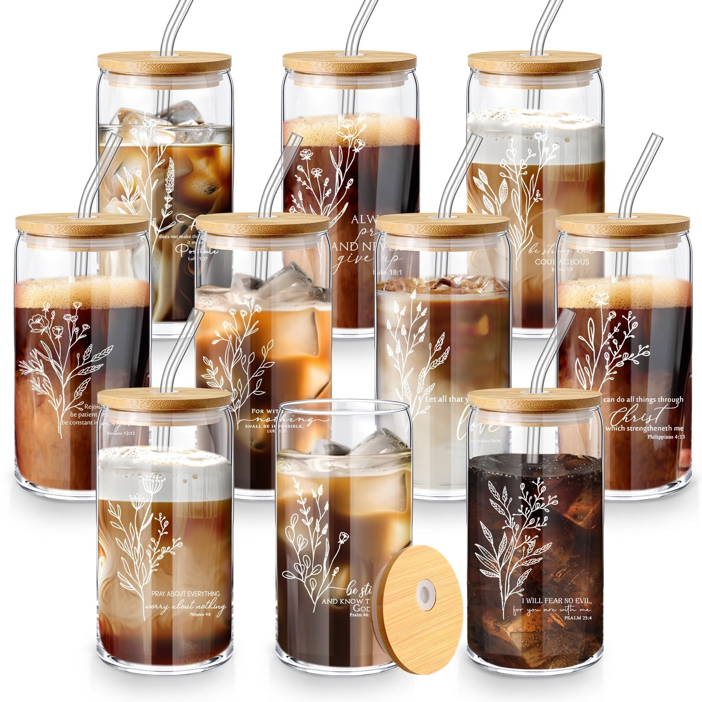 Mifoci 10 Pcs 16 oz Inspirational Coffee Mug Drinking Cup with Bamboo Lid Christian Gift for Women Men Church Favor (Boho Style)