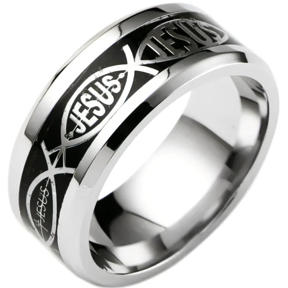 Jude Jewelers 8mm Stainless Steel Jesus Fish Style Christian Religious Wedding Band Ring (Silver Black 6)