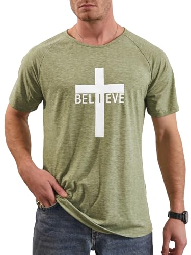 iudam I Believe Shirts for Men Short Sleeve Cross Graphic Christian Jesus T-Shirts (Army GreenS)